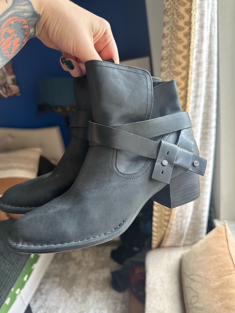 UGG Women's Black Leather Ankle Moto Boots